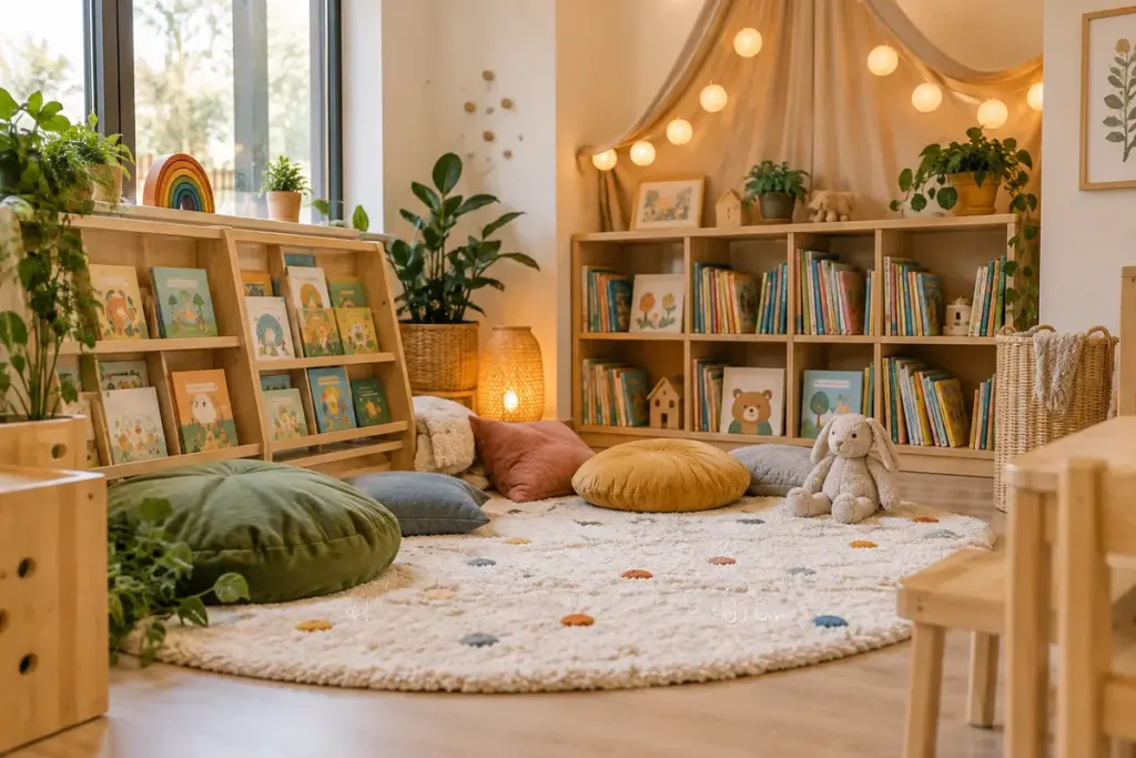 Gemütliche Bücherecke mit Kissen und Bilderbüchern