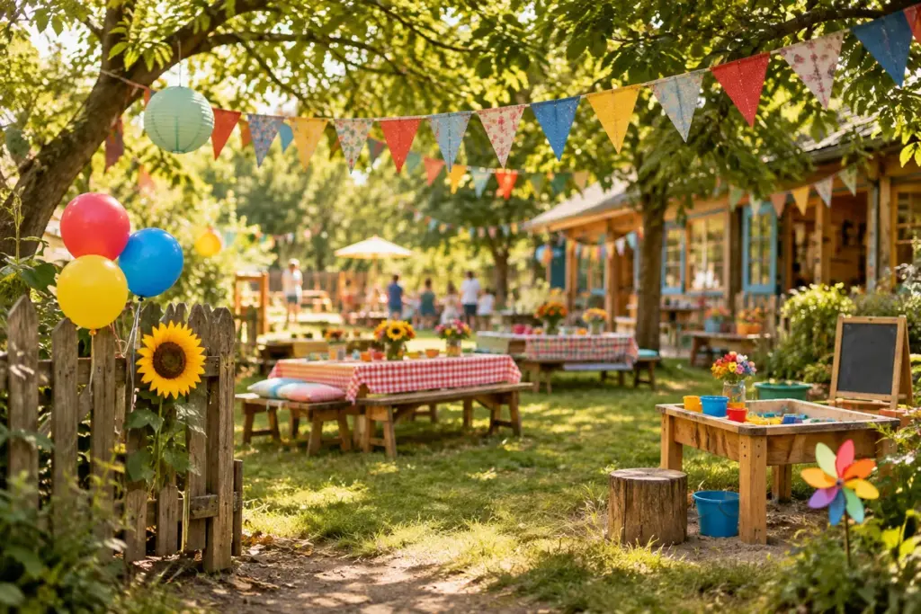 Bunt geschmücktes Sommerfest im Garten der Kita